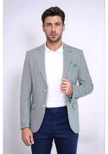 Lacivert Kazayağı Desenli Gold Renk Metal Düğmeli Slim Fit Erkek Blazer Ceket - Wessi Navy Blue