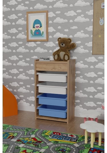 4 Sepetli Çok Amaçlı Oyuncak Dolabı Atlantik Çam Beyaz - Mavi Kahverengi