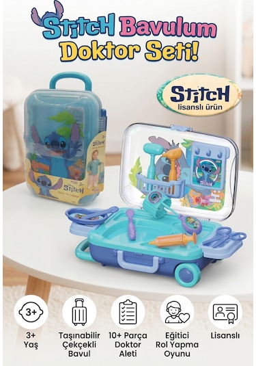 Stitch Lisanslı Çekçekli Bavul Doktor Seti 10+ Parça Eğitici Oyuncak 3+ Yaş
