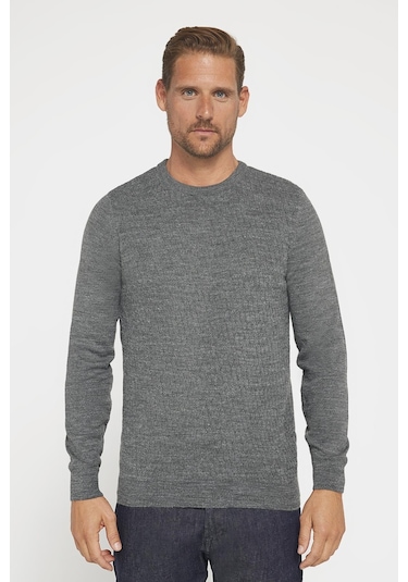 Slim Fit Bisiklet Yaka Kendinden Desenli Gri Erkek Triko Kazak-29577-gri Gri