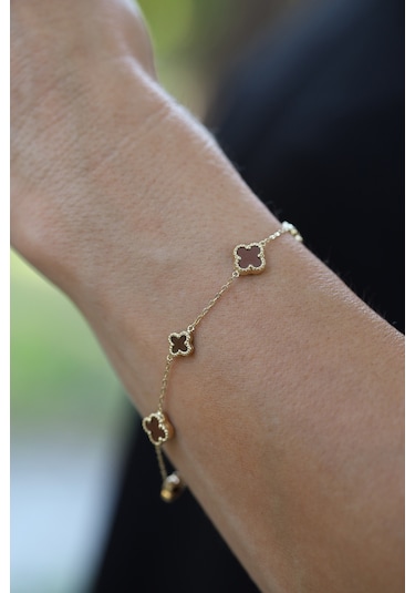 14 Ayar Altın Kahverengi Yonca Detaylı Bileklik Altın