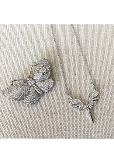 Mikail Meleği Taşlı Çelik Kolye Broş Set Çok renkli