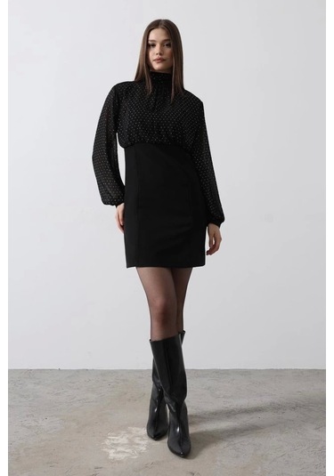 Taşlı Şifon Elbise - Siyah Siyah