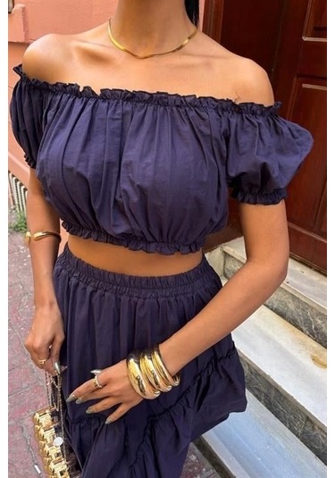 Büzgülü Crop Kat Detaylı Fırfır Etekli Takım 10196 Laci Vert