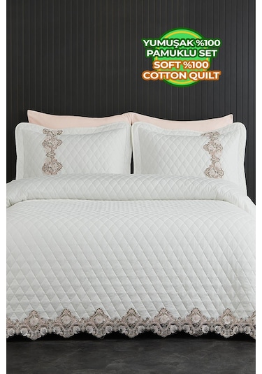 Evlen Home %100 Pamuk May Dantelli Yatak Örtüsü Çift Kişilik Elyaf Dolgulu Kapitone Pike Takımı Güpürlü Beyaz