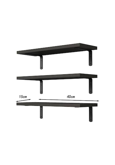 Suntek 3 Adet Duvara Monte Ahşap Yüzer Raflar Banyo Siyah