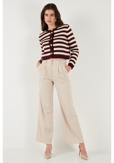 Lela Çizgili Oversize Fit Bisiklet Yaka Düğmeli Crop Triko Bayan Hırka 4615567 Bordo