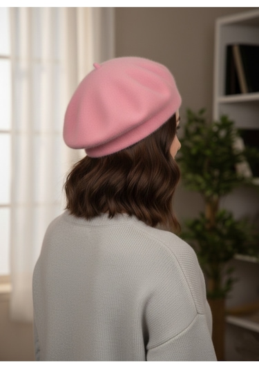 Derikem Fransız Tüylü Peluş Ressam Bere Kadın Şapka Pembe