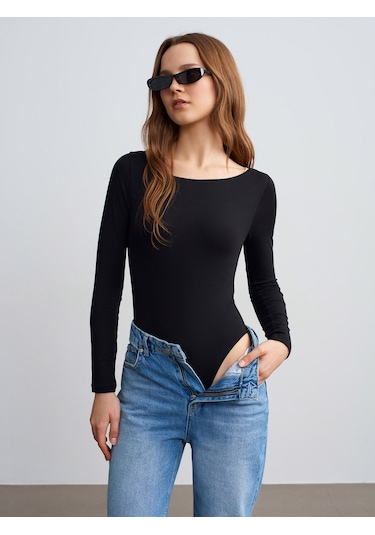 Dilvin 32549 Kayık Yaka Bodysuit-siyah Siyah