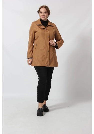 1616 Fermuarlı Cep Detaylı Kapuşonlu Bondit Ceket Camel