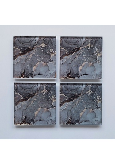 Decorita Cam Bardak Altlığı Gri Gold Mermer 4'lü Takım 10 x 10 CM Gri