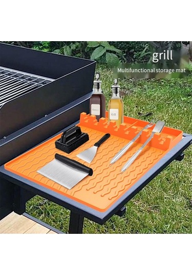 Ulzyvf Yan Turuncu Spatula Raf Matı, Izgara Yüksek Isıya Dayanıklı Barbekü Aleti 3'ü 1 Arada Turuncu