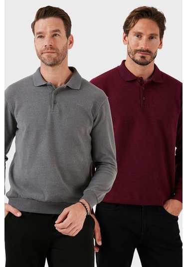 Buratti Pamuk Karışımlı Regular Fit 2'Li Paket Erkek Polo Yaka Kazak 456223S2 Koyu Gri-Mürdüm