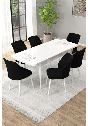 Arel Beyaz 80x132 Açılabilir Mdf Masa Yemek Odası Takımı, Mutfak Takımı 6 Adet Sandalye Beyaz Masa - 6 Siyah - Beyaz Ayak
