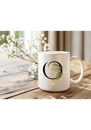 O Harf Zarif Yaprak Desenli Kupa Bardak - Naturel Sade Alfabe Harfli Bardak - Kişiye Özel Hediye Beyaz