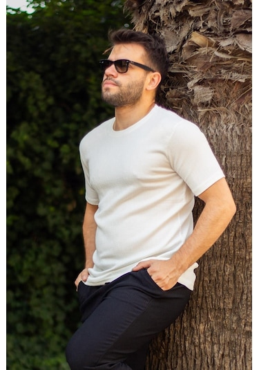 Erkek Beyaz Krep Kumaş Rahat Salaş Esnek Bisiklet Yaka T-shirt 23etshtarp 001