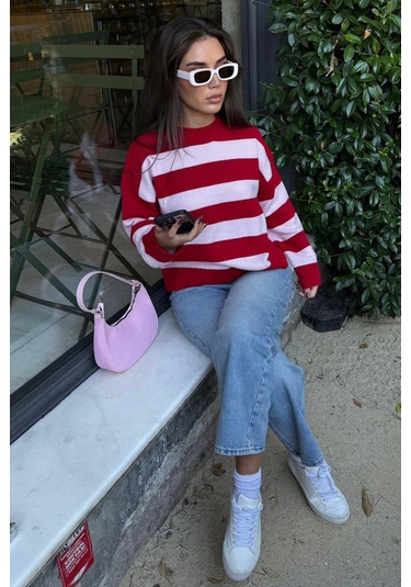 Pudra Bisiklet Yaka Çizgili Oversize Triko Kazak Mg1972 Pudra