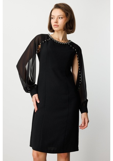 Ekol Kadın Boncuk Detaylı Kolları Tül Midi Elbise 4011 Siyah Siyah