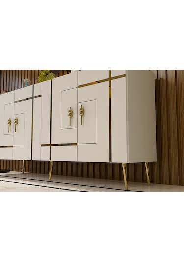 Honest Konsol Tv Sehpası Çok Amaçlı Dolap 150 Cm Beyaz Altın