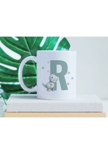 R Harfi Sevimli Dinozor Kupa Bardak - Açık Yeşil Yıldız Detaylı Dino Tasarım - Hediye Beyaz