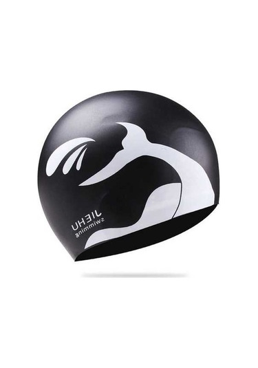 Dm Erkek Ve Kadın Büyük Boy Yunus Desenli Siyah Silikon Yüzme Bonesi Siyah