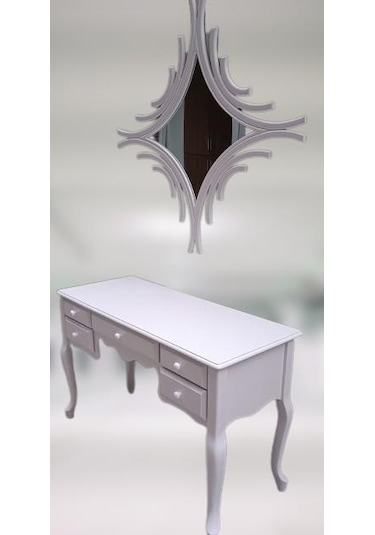 Dresuar Makyaj Masa 5 Çekmece Cnc Ayna Kayın Aslan Ayak Parlak Beyaz Lake El Yapımı Beyaz