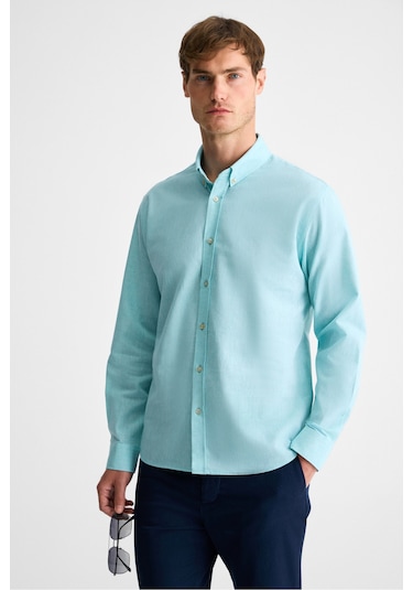 Lasse Erkek Gömlek Yaka Manşetli Uzun Kollu Regular Fit Keten Karışımlı Mint Yeşil Gömlek