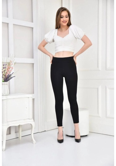 Kadın Siyah Simli Tek Şerit Toparlayıcı Yüksek Bel Tayt Siyah