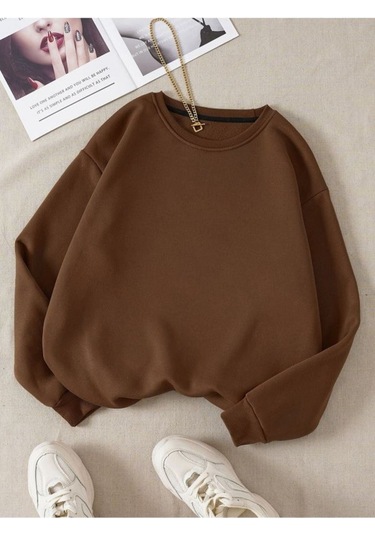 Baskısız Düz Sweatshirt - Kahverengi Kalın Kışlık Şardonlu Uzun Kol Oversize Bisiklet Yaka Kahverengi