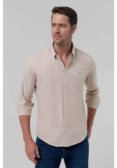 Ds Damat Slim Fit Bej Oxford Düğmeli Yaka Kolay Ütülenebilir Nakış Detaylı Pamuklu Gömlek 4HC02ORT03265 Bej