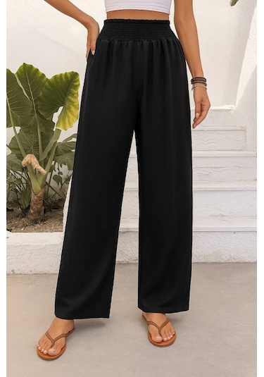 Munn Collection Kadın Yüksek Bel Lastikli Ithal Krep Pantolon Siyah