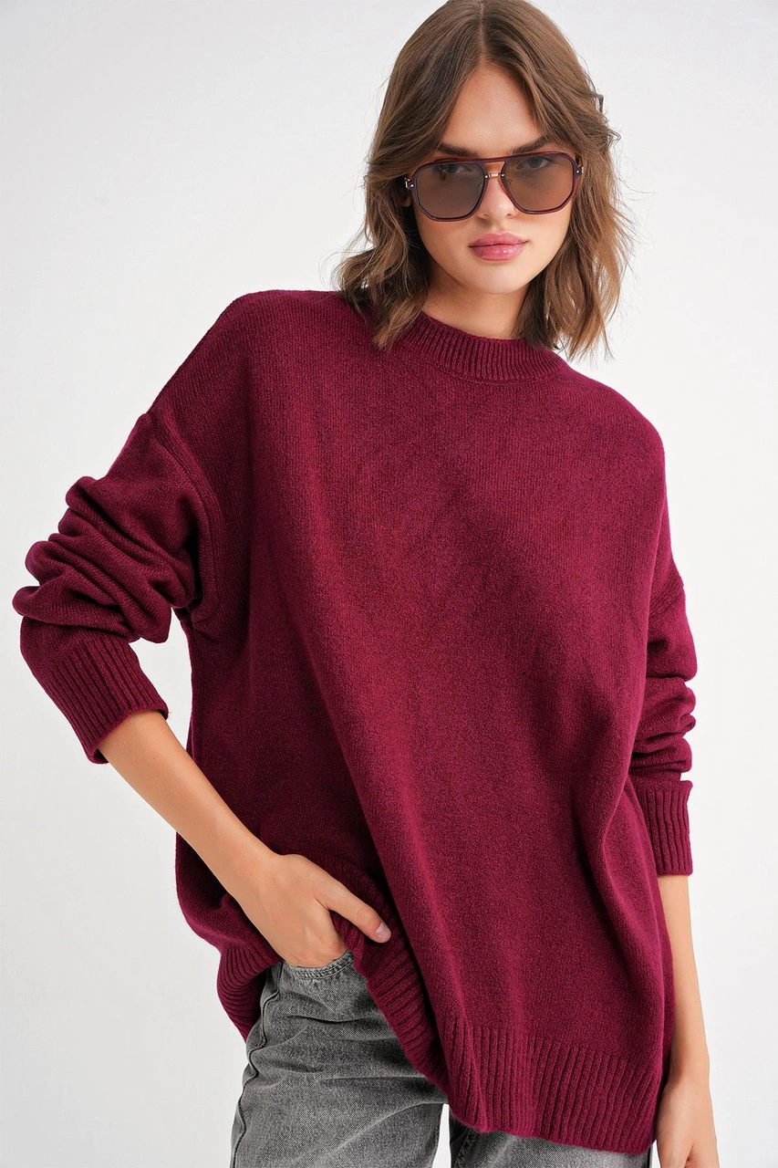 Mixray 6913 Kadın Salaş Yumuşak Dokulu Oversize Triko Kazak Bordo