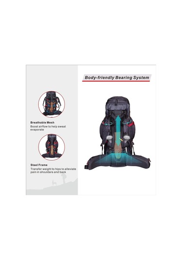 Quickup Hiking Sırt Çantası 65 Litre- Siyah-kırmızı