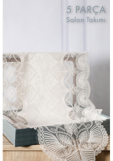 Avangart Kadife Fransız Güpürlü 5 Parça Salon Takımı - Ekru