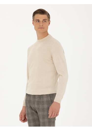 Cacharel Bej Slim Fit Çeyrek Balıkçı Yaka Triko Kazak