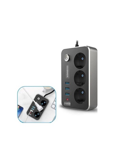 Isıya Dayanıklı Termal Akım Korumalı 2 Mt 10a 2500w 3lü Priz Ve 3 Usbi 2 1a Uzatma Kablosu