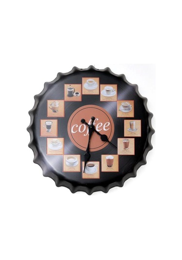 Cajuart Kahve Çeşitleri Metal Kapak Şeklinde Kabartma Duvar Saati Siyah