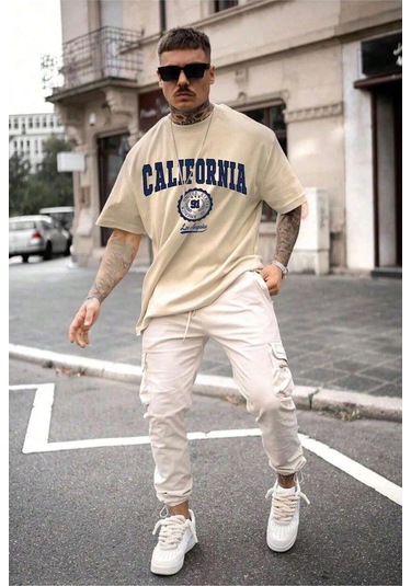 Hırsch Unisex Bej California Baskılı Oversize T-shirt Bej