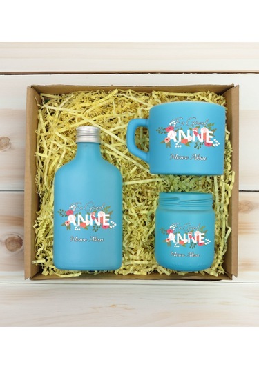 Bk Gift Kişiye Özel İsimli Dtf Anne Temalı Turkuaz Kahve Fincanı & Kolonya & Mum Hediye Seti-1, Anneye Hediye, Anneler Günü Hediyesi Kobitmeyencom3098