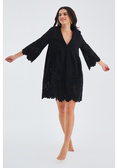 Peraluna Hiromi Dress %100 Pamuk 3/4 Kol Diz Hizası Yazlık Kadın Siyah