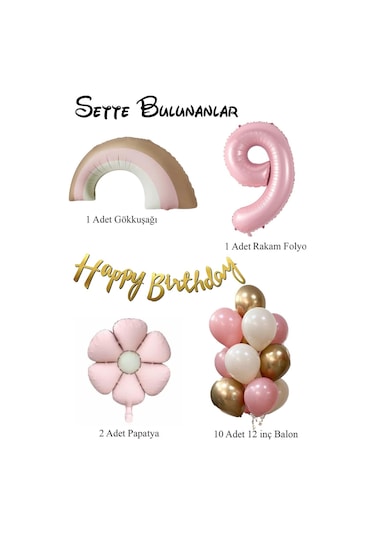 Retro 9 Yaş Papatya Temalı Kız Bebek Konsept Doğum Günü Seti Pembe