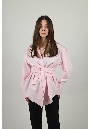 Lemajh Kuşaklı Poplin Pembe Gömlek-pembe Pembe