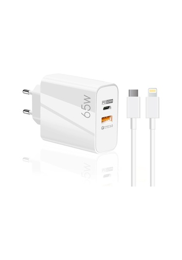 Schitec GN65 WTL3 65 W USB-A PD33W Q.C 3.0 Type-C To Lightning Kablolu Hızlı Şarj Aleti 3 M