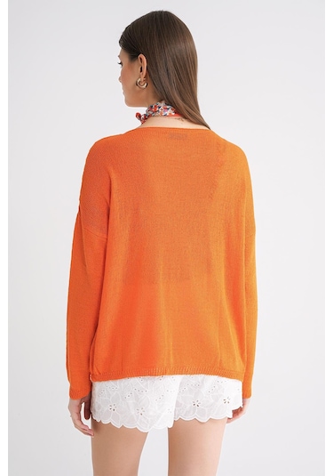 6933 Kadın Kayık Yaka İnce Mevsimlik Triko Kazak Turuncu Turuncu