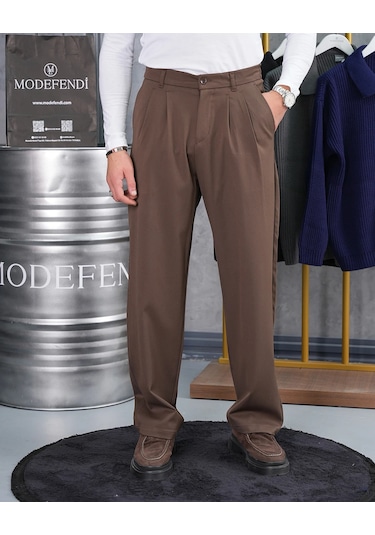 Modefendi Baggy Kesim Pile Detaylı Kumaş Pantolon Kahverengi