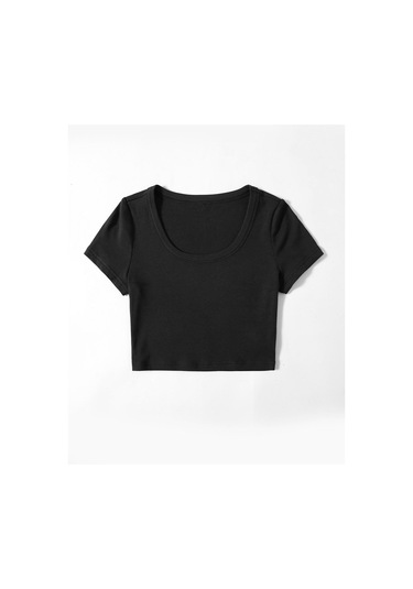 U Yaka Siyah Renk Fitilli Kısa Kollu Regular Crop Top Bluz Siyah