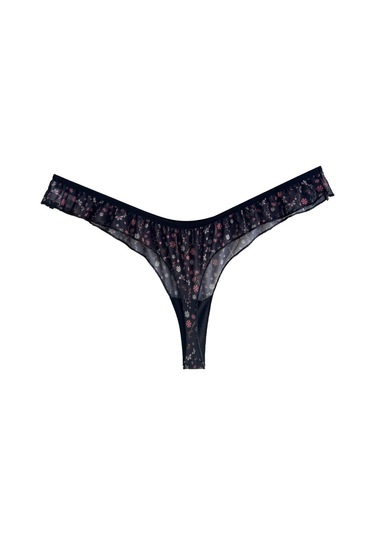 Siyah Çiçek Desenli Tül Kenarları Fırfırlı Tanga Külot Siyah
