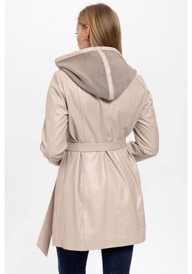 Bej Julia Triko Kapüonlu Kemerli Hakiki Kadın Deri Kaban-bej Bej