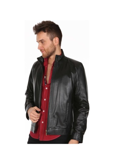Hakiki Kuzu Derisi Siyah Fermuarlı Casual Erkek Deri Ceket Siyah