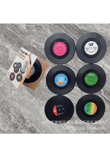 Ranyeek 12 Adet Siyah Vinil Plak Desenli Ev Fincan Altlığı - Kaymazsız Isı Yalıtımı - Ev Dekoru Kafeterya Aksesuarı Tabanlı Siyah